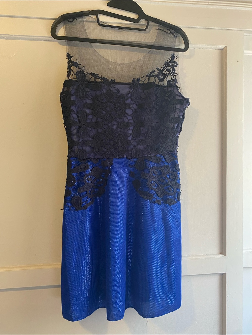 Blue Sleeveless Dress with Black Lace Bodice and mesh back - Large